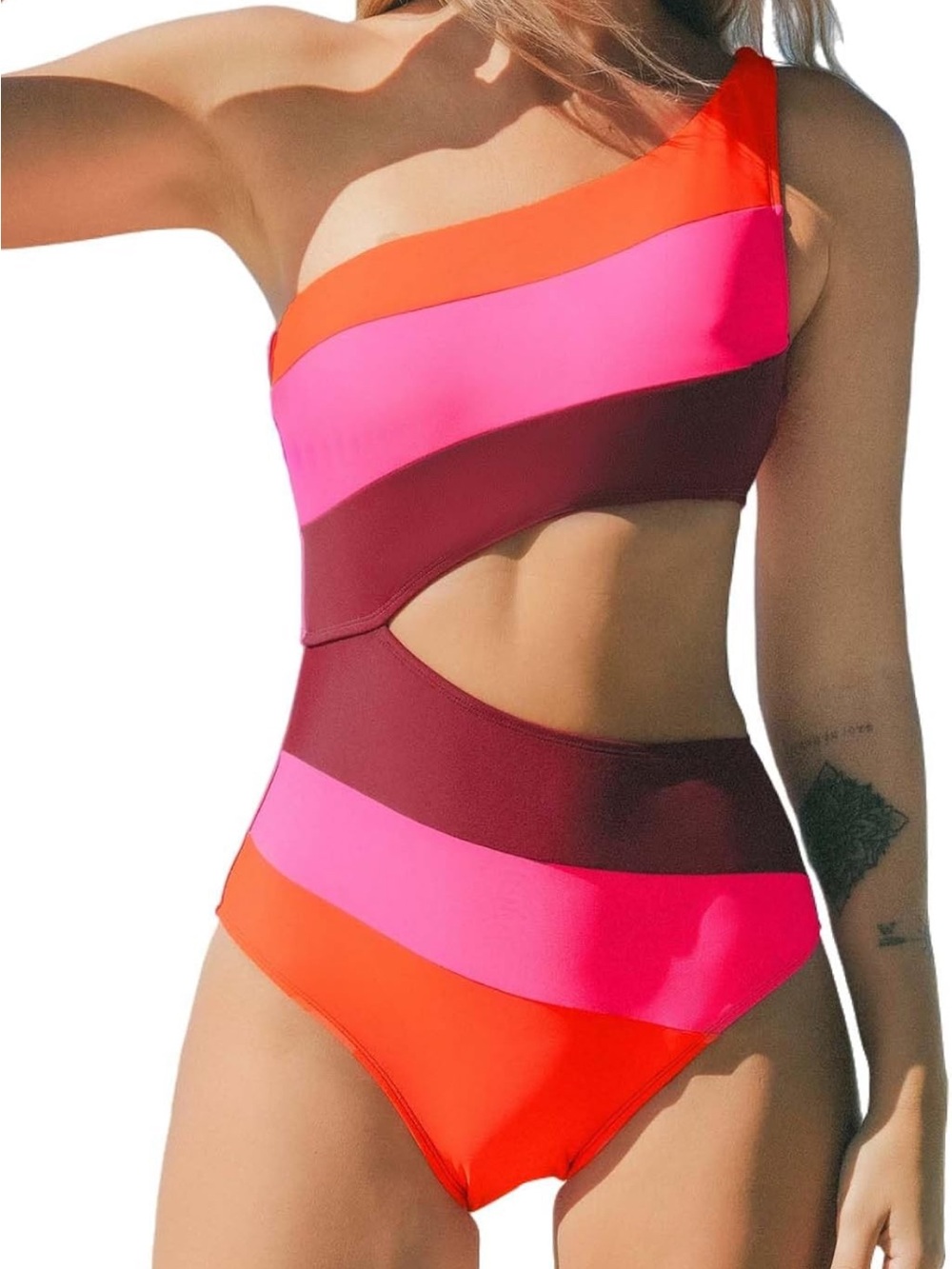 Cupshe One-Shoulder Colorblock Cutout Swimsuit in Orange, Hot Pink & Burgundy
